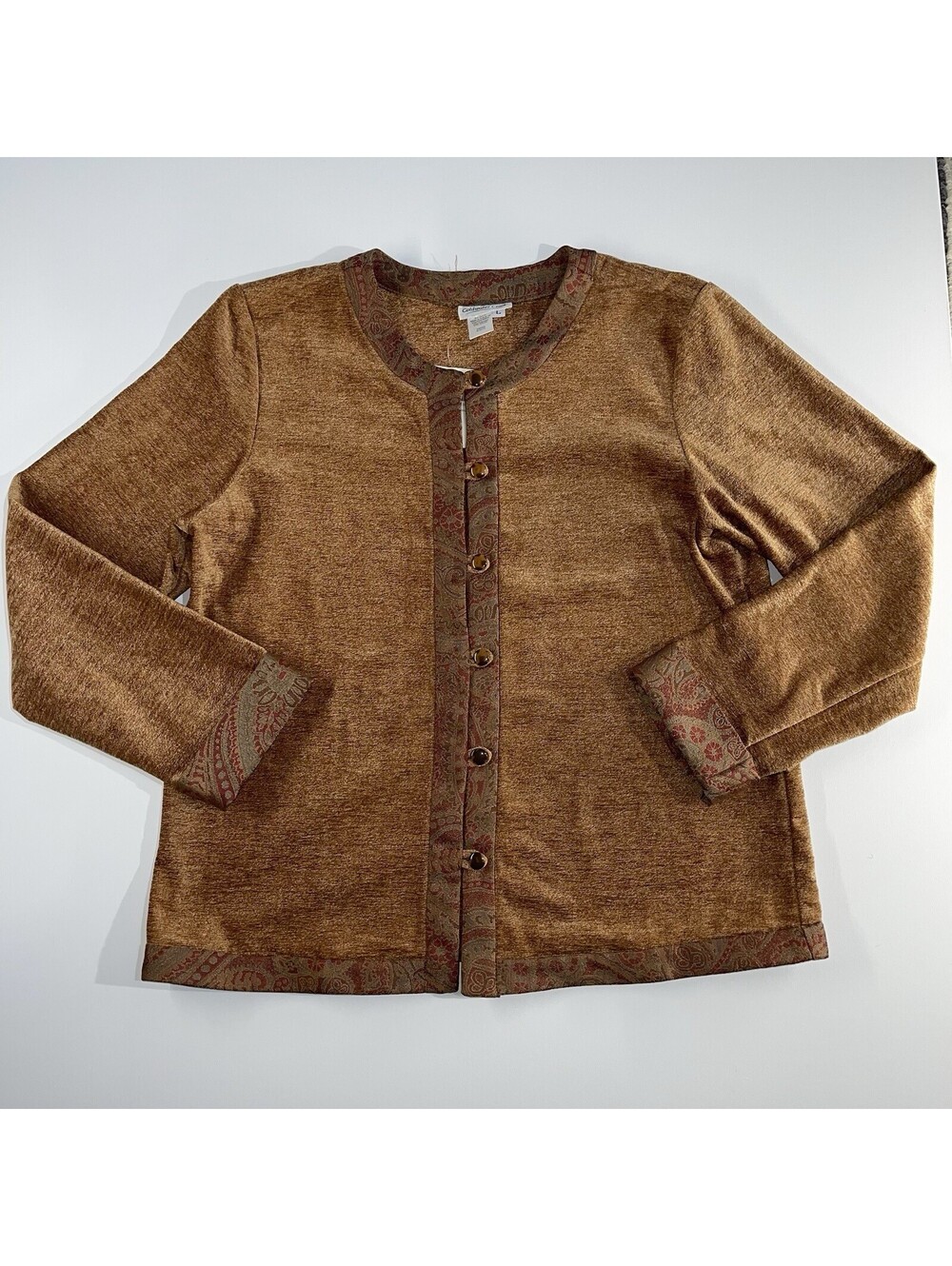 Coldwater Creek Cardigan Women Brown Large Cottagecore Paisley Trim Chenille $79